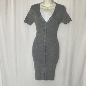 Elegant Gray V-Neck Button Midi Dress